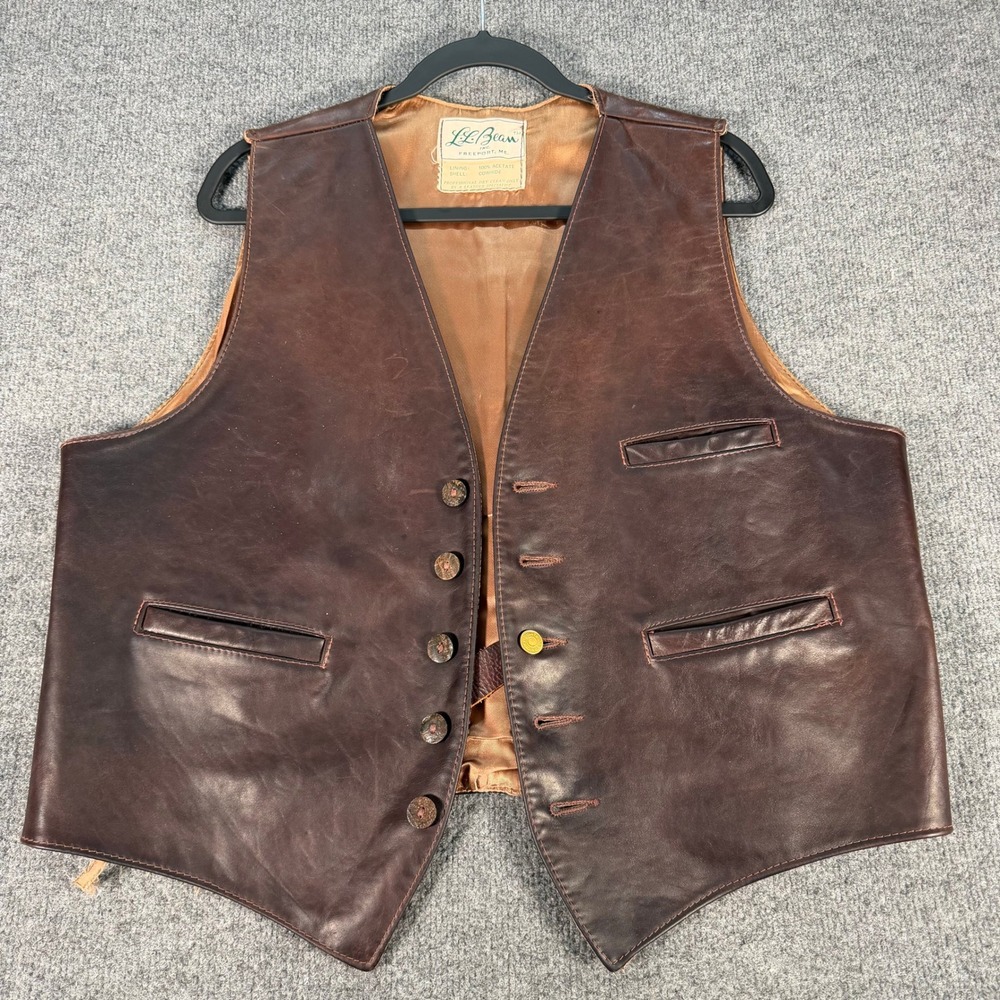Vintage LL Bean Brown Cowhide Leather Vest Western Style Freeport ME